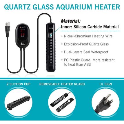 AQQA Fish Tank Heater 100W for 25-35 Gallon Mini Aquarium Heater Quartz Glass Su