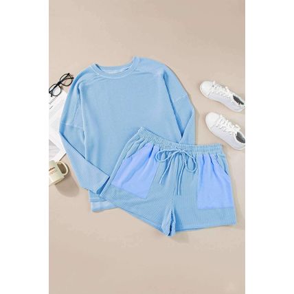 Light Blue Plus Size Ribbed Long Sleeve Top and Drawstring Shorts Set