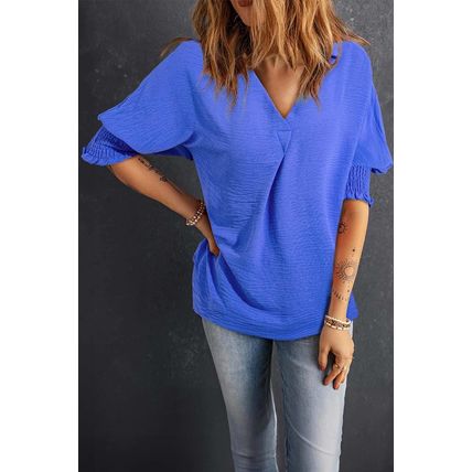 Dark Blue Boxy Collared Smocked Sleeve Cuffs Blouse