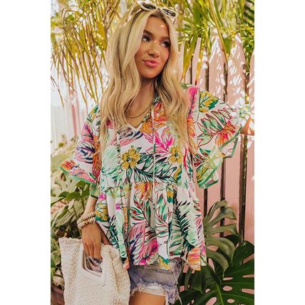 White Tropical Floral Print Ruffled Short Sleeve Blouse