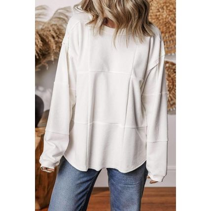 White Solid Color Patchwork Drop Shoulder Baggy Sweatshirt