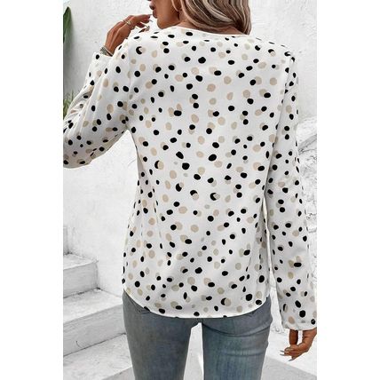 White Polka Dot Print Button Front V Neck Blouse
