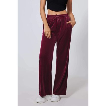 Burgundy Solid Drawstring Waist Wide Leg Pants