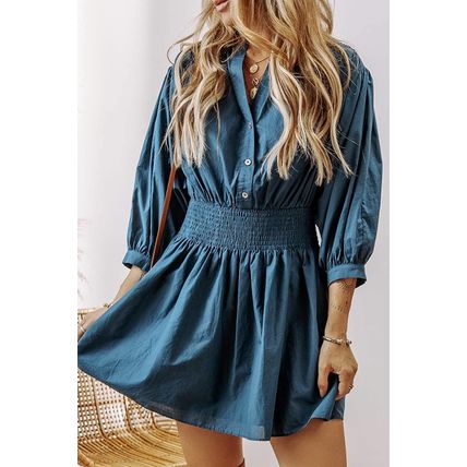 Prussian Blue 3/4 Sleeve Shirred High Waist Buttoned Mini Dress