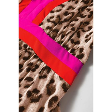 Brown Leopard Color Block V Neck Loose Fit Maxi Dress