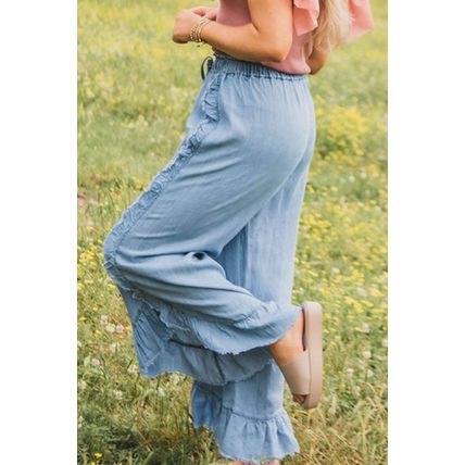 Myosotis Light Wash Raw Hem Ruffled Wide Leg Jeans