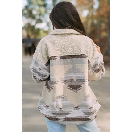 Khaki Western Aztec Print Sherpa Splicing Buttoned Flap Pocket Coat