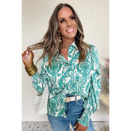 Green Paisley Print Smocked Cuff Buttoned Loose Shirt