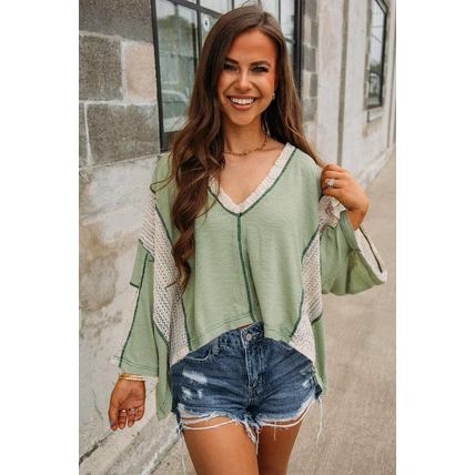 Grass Green Crochet Detail Exposed Seam High Low Loose Top