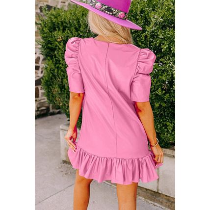 Sachet Pink Pleather Bubble Short Sleeve V Neck Ruffled Hem Mini Dress