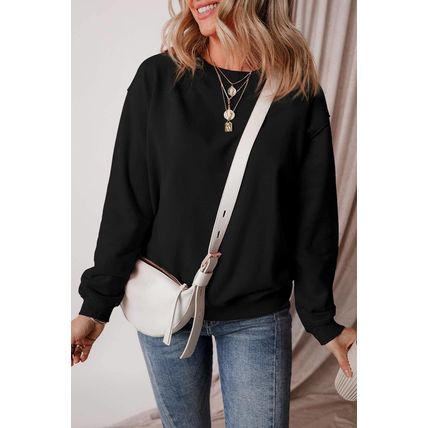 Black Solid Fleece Lined Drop Shoulder Terry Sweatshirt