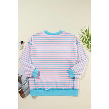Pink Stripe Contrast Trim High Low Pullover Tunic Sweatshirt