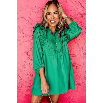 Bright Green Embroidered Ruffled Trim 3/4 Sleeve V Neck Mini Dress