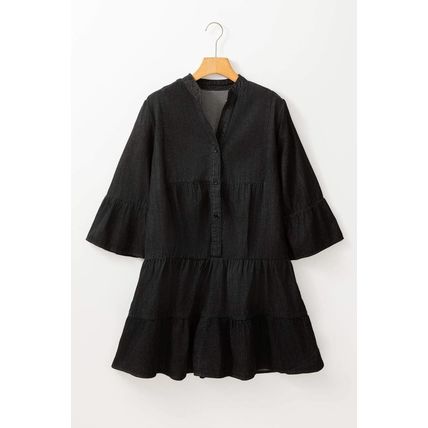 Black Chambray Ruffled 3/4 Sleeve Tiered Split V Neck Mini Dress