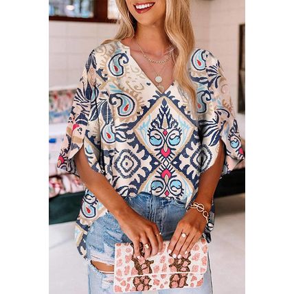 White Abstract Printed Notched V Neck Split Half Sleeve Blouse