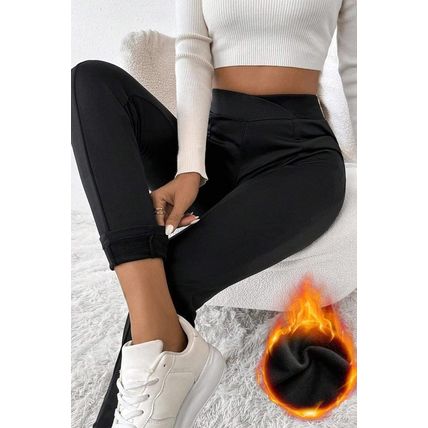 Black Crossed Waist Seamed Leg Thermal Leggings