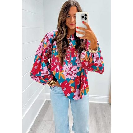 Red Floral Printed Balloon Sleeve Half Buttons Blouse