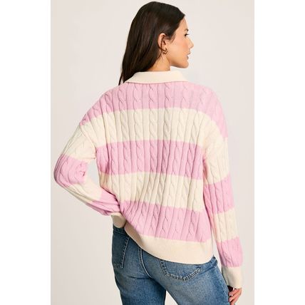 Pink Stripe Cable Knit Collared Henley Sweater