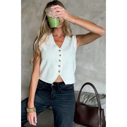 White V Neck Buttoned Sweater Vest
