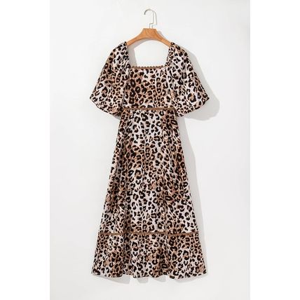 Brown Leopard Print Bubble Sleeve Square Neck Maxi Dress