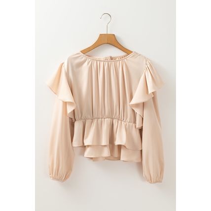 Oatmeal Lace-up Keyhole Back Ruffled Peplum Blouse