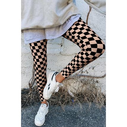 Khaki Checkered Pattern High Waist Skinny Leggings