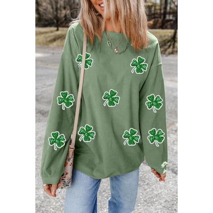 Grass Green Ribbed Four Leaf Clover Graphic St. Patricks Pullover Sweatshirt
