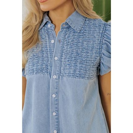 Beau Blue Flutter Sleeve Shirred Detail Button Up Denim Mini Dress
