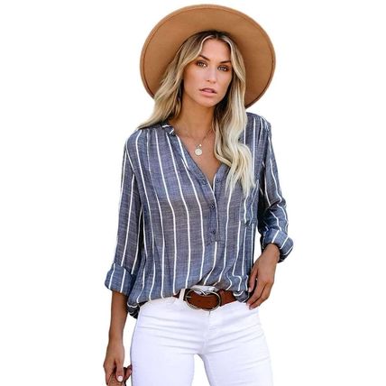 Blue Striped V Neck Pocket Long Sleeve Top