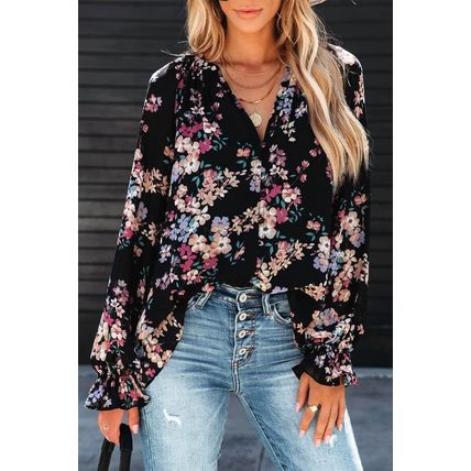 Black Wildflower Print Chiffon Blouse