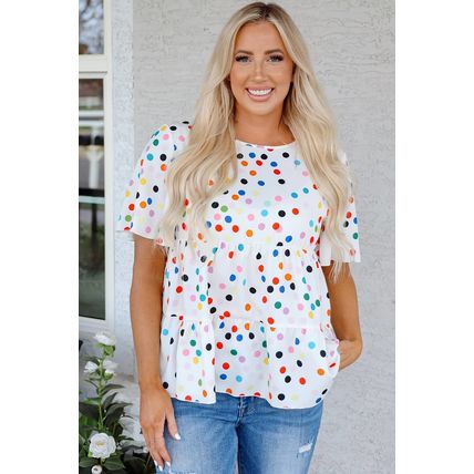 White Colorful Polka Dot Short Sleeve Tiered Ruffled Babydoll Blouse