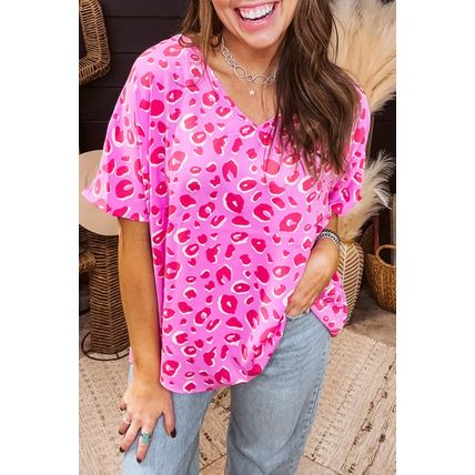 Pink Leopard V Neck Loose Short Sleeve Top