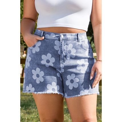 Ashleigh Blue Floral Pattern High Waist Raw Hem Plus Size Denim Shorts
