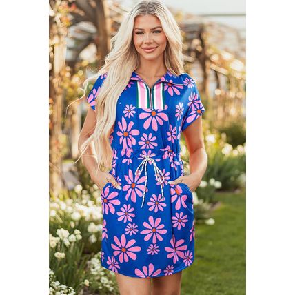 Purple Floral Striped Quarter Zip Cap Sleeve Drawstring Waist Mini Dress