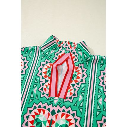 Sea Green Boho Abstract Print Contrast Striped Collared V Neck Blouse