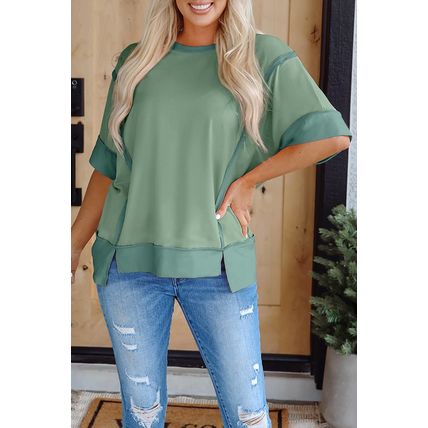 Smoke Green Half Sleeve Raw Seam High Low Side Split Top