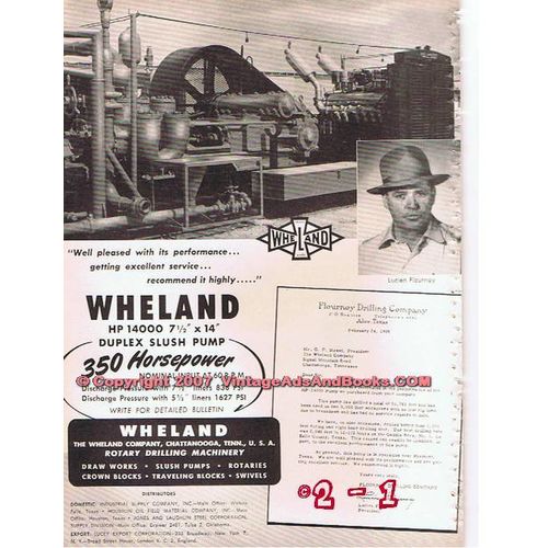 WHELAND COMPANY 1955 rotary drilling machinery slush pump vintage ad