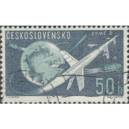 CZECHOSLOVAKIA, SPACE, Satellites and rocket, blue 1963, 50h