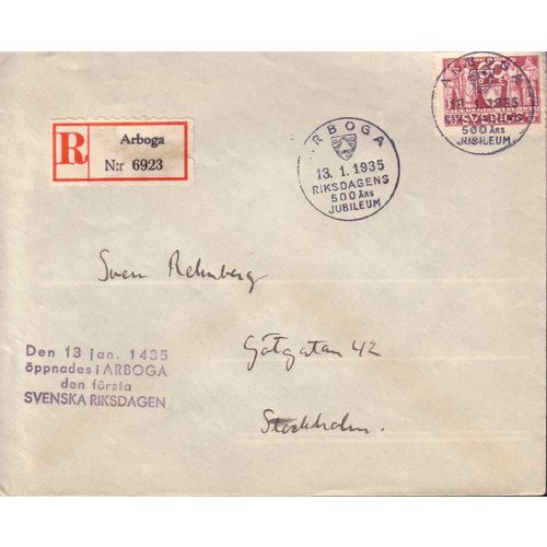 Sverige / Sweden - Envelope 60 öre Riksdagen, special cancellation 13.1.35
