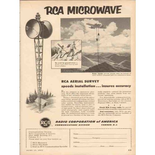 RADIO CORPORATION AMERICA 1953 RCA Microwave aerial survey vintage ad