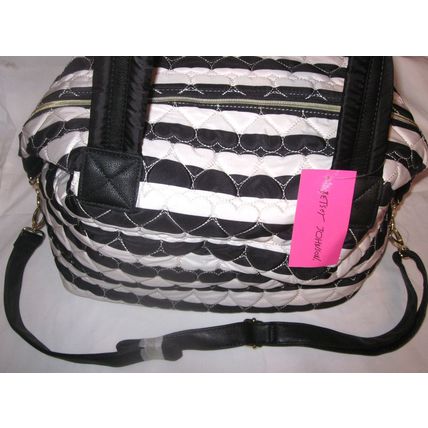Betsey Johnson Satchel Diamond Quilt Marshmellow Stripe Big Pink Bow