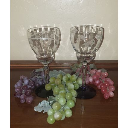 VTG WESTON BEVELED ETCHED MIXED SET WINE WATER GLASS W/ BLUE COBALT FOOT GOBLET