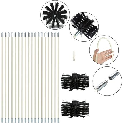 Chimney Fireplace Duct Vent Cleaning Brush Kit 18 Flexible Rods 2x Brush Heads