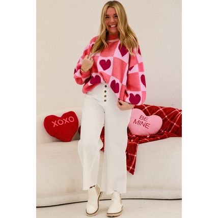 Pink Plus Size Love Heart Block Mock Neck Lantern Sleeve Valentine Sweater