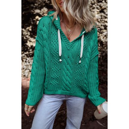 Sea Green Cable Knit V Neck Contrast Drawstring Hooded Sweater