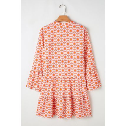 Orange Floral Print Flounce Sleeve Buttoned Front Mini Dress