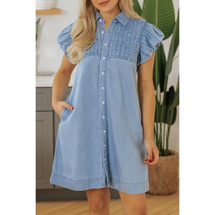 Beau Blue Flutter Sleeve Shirred Detail Button Up Denim Mini Dress