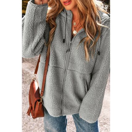 Medium Grey Fleece Zip Up Drawstring Hooded Pocketed Jacket