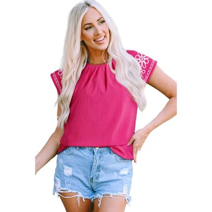 Sachet Pink Floral Embroidered Flutter Sleeve Pleated Neck Blouse