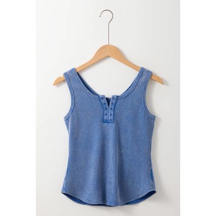 Sky Blue Mineral Wash Ribbed Notch Neck Tank Top